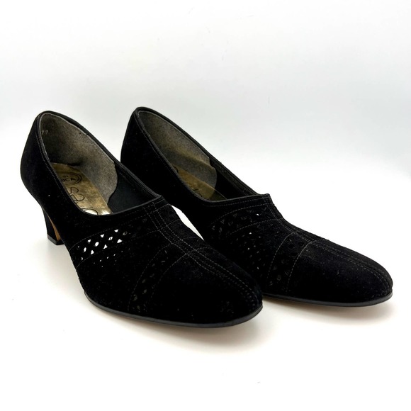 Adore's Womens Die-Cut Heels size 7 Black Suede Leather Chunky Heel Victorian - Picture 2 of 11